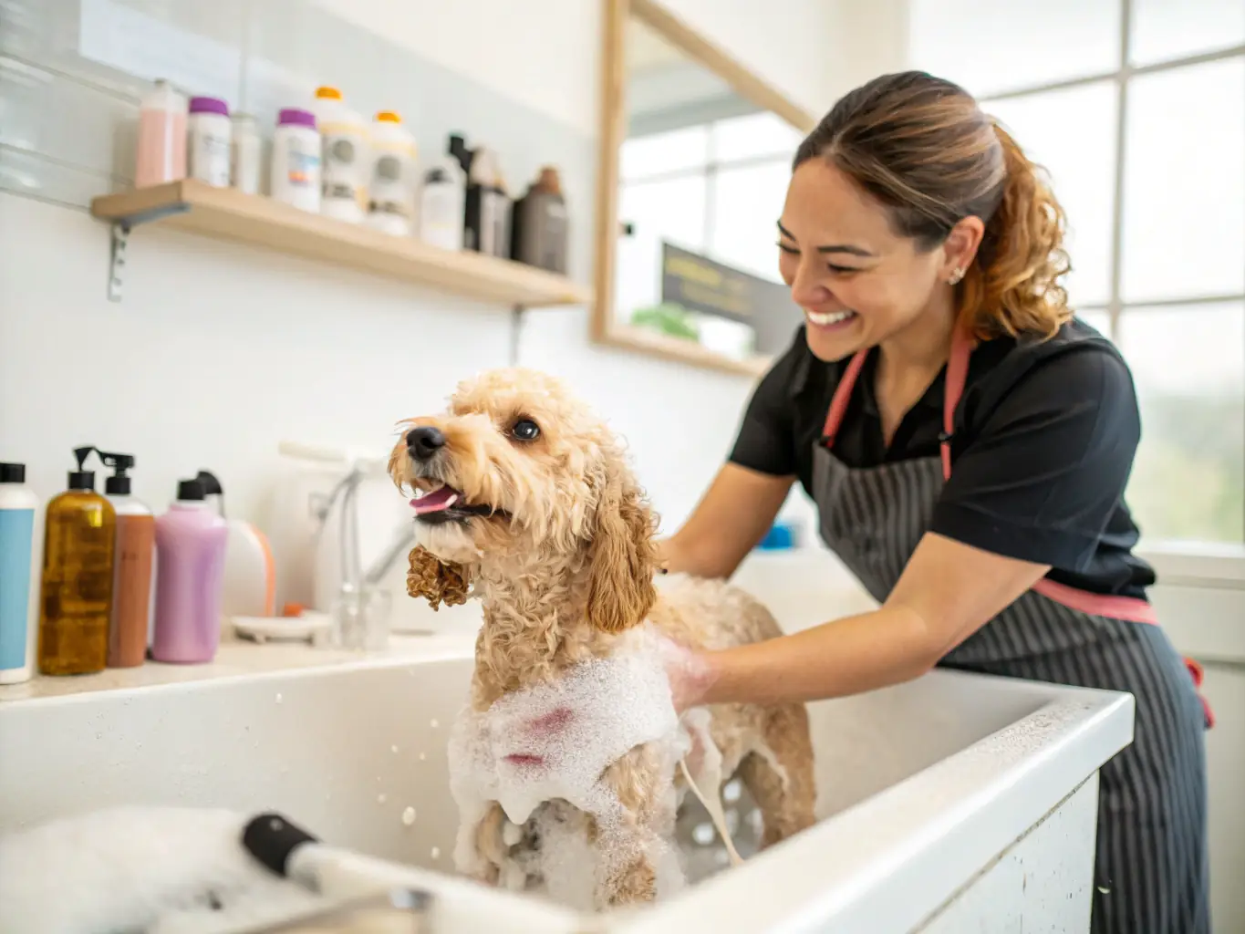 A wide shot of a dog happily enjoying a bath in a grooming tub. The groomer is gently washing the dog with shampoo, and the dog is looking up with a content expression.