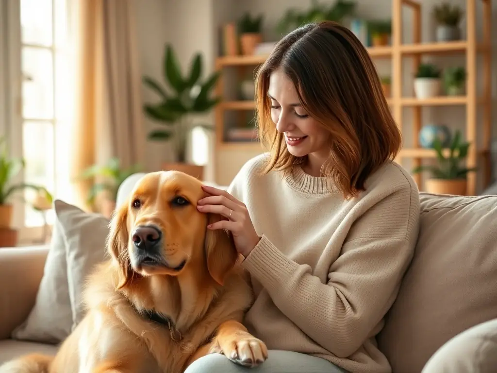 A canine behaviorist interacting with a calm and relaxed dog in a quiet corner of Pensjonat Łapka w Łapkę. The behaviorist is gently petting the dog, creating a sense of trust and security.